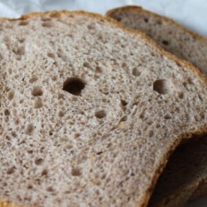 slices of strawberry bread on a white background