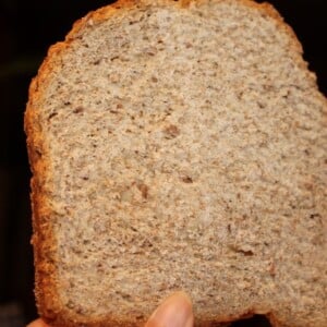 A slice of an orange blueberry multigrain loaf being held up towards the camera