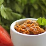 Dhania Tempeh in a small white bowl