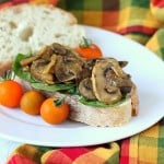 Mushroom onion saute on thick bread with a tomato garnish