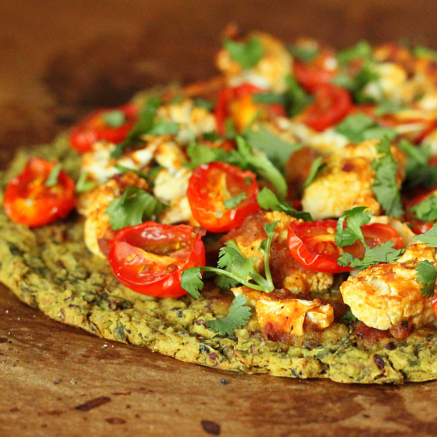 Chickpea Quinoa Chard Pizza Crust with Roasted Caulifower