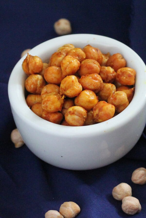 Roasted sprouted chickpeas in a small white serving bowl