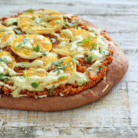 Quinoa Sloppy Joes Pizza with Rye Crust, Orange slices, Jalapeno Aioli. vegan recipe