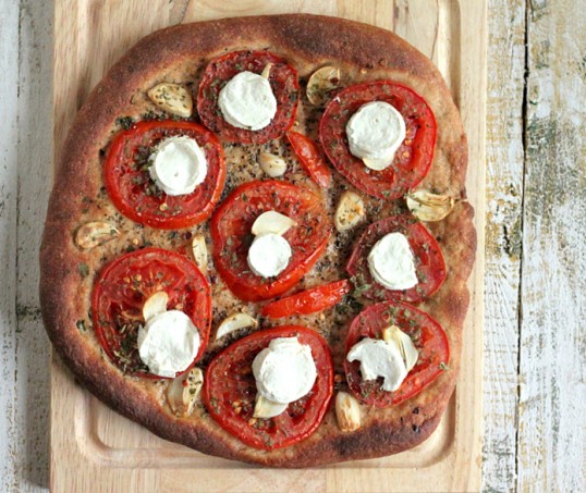 Tomato Garlic Coconut Mozzarella on 100% Whole Wheat crust Pizza. vegan recipe