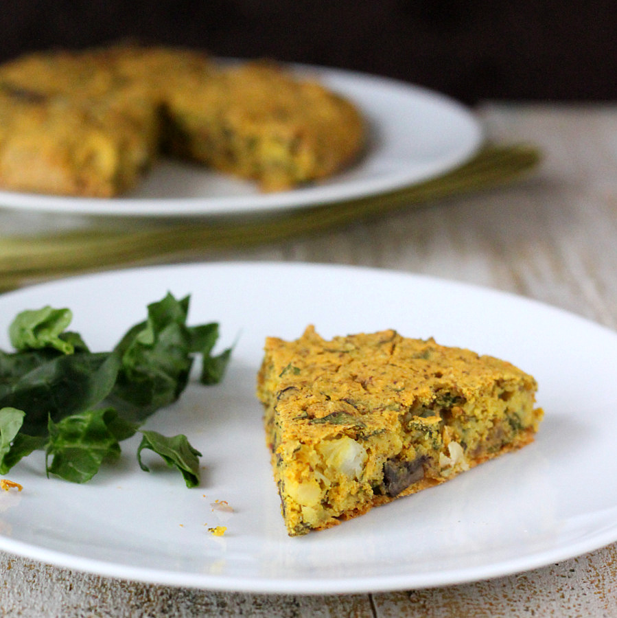 Vegan Soy free Frittata with Mushroom Chard Shallot Almond-Feta. Glutenfree Recipe