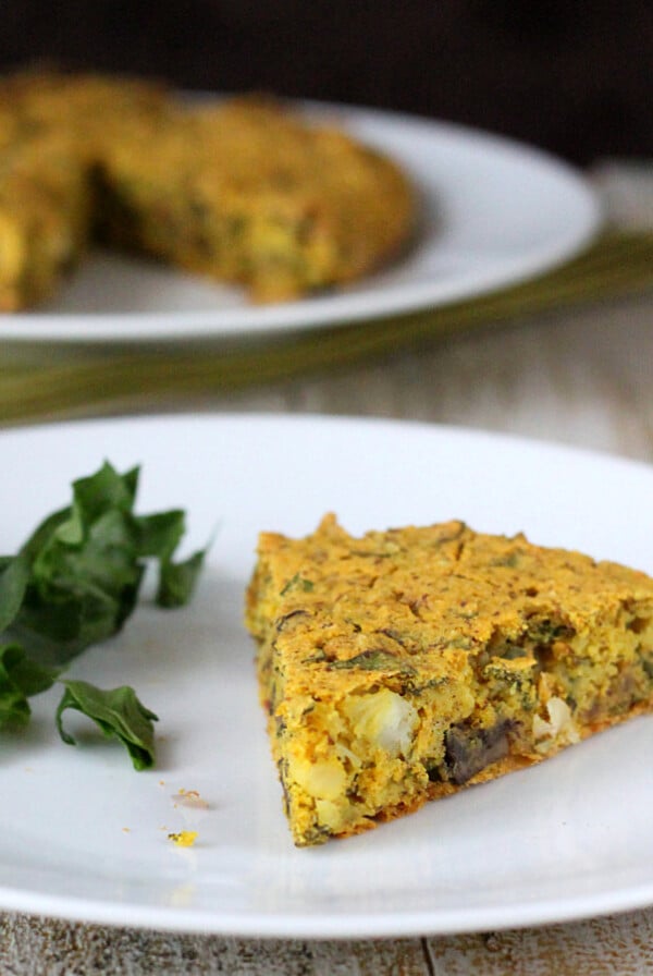 Vegan Soy free Frittata with Mushroom Chard Shallots and Almond Feta. Chickpea flour frittata. Dairy-free Savory breakfast recipe.