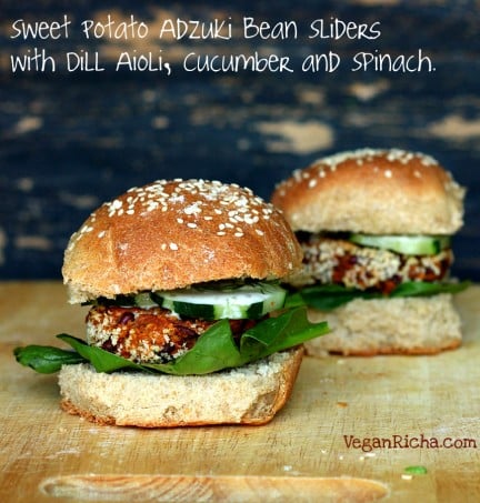 Sweet Potato Adzuki Bean Burger Gameday Sliders with Spinach, Cucumber, Dill Aioli. Vegan Recipe