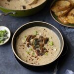 bowl of cream of mushroom soup next to the pan