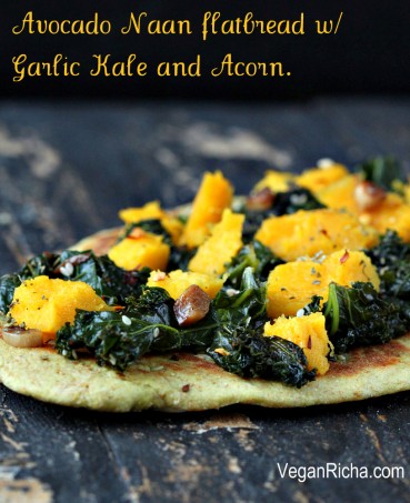 Oil-free Cheesy Avocado Naan flatbread with Garlic Kale and Roasted Acorn. Vegan recipe