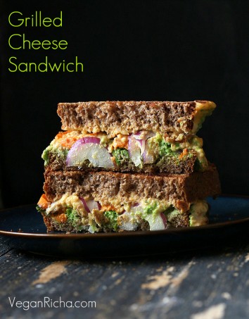 Grilled Nacho Cashew Millet Cheese Sandwich with Roasted Sweet Potato, Pea Pesto. Vegan Recipe