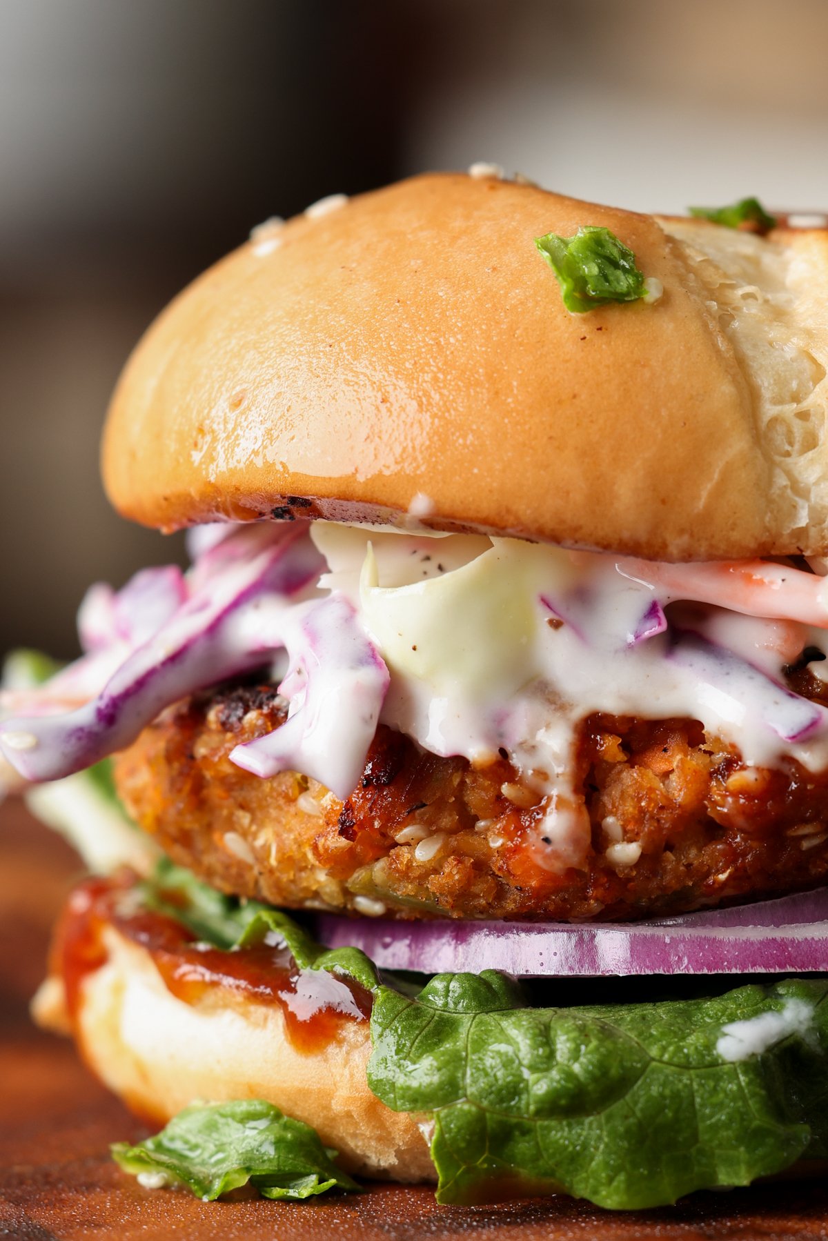 close-up of BBQ lentil burger