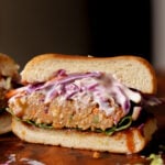 BBQ lentil burger cut in half, so you can see the inside
