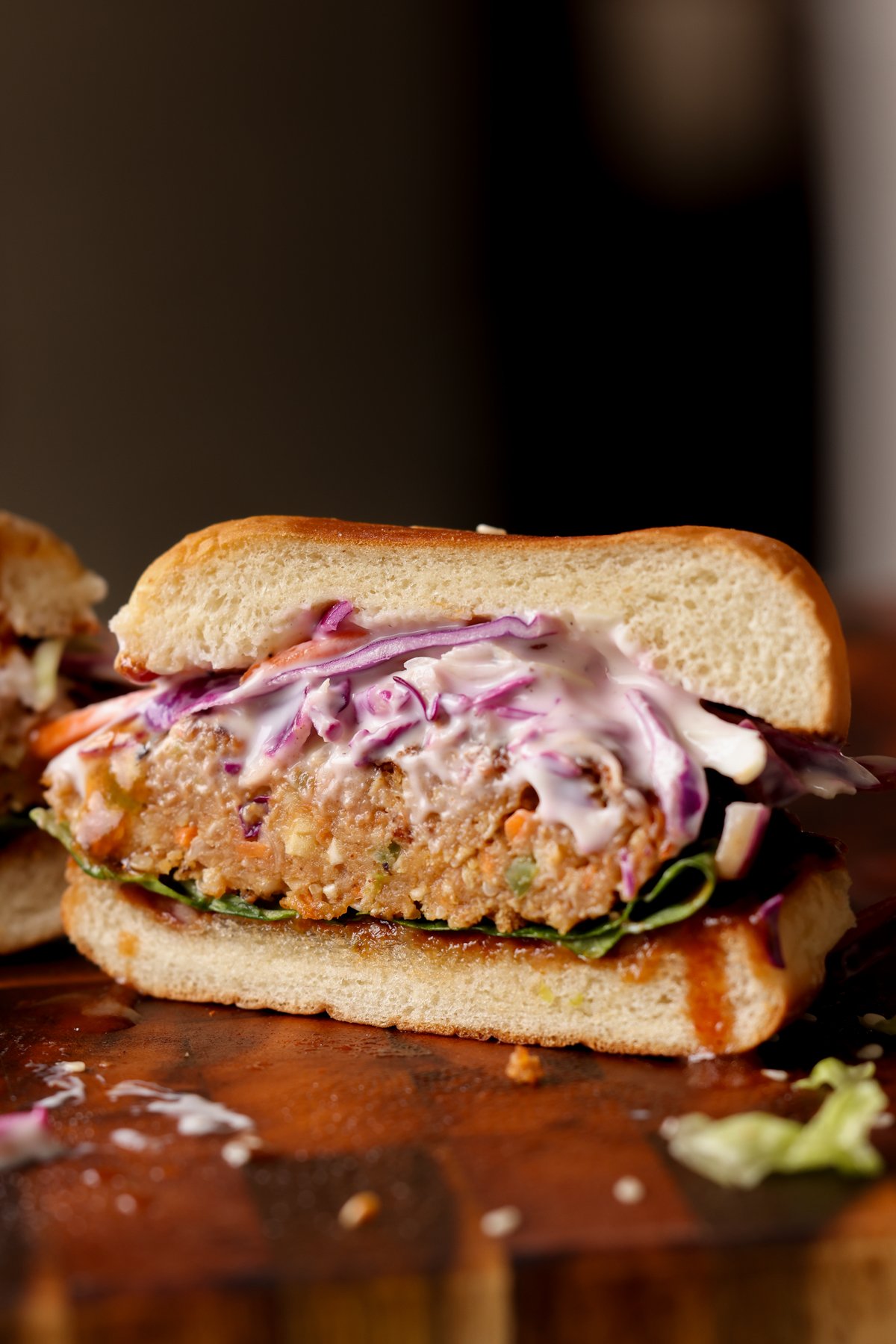 BBQ lentil burger cut in half, so you can see the inside