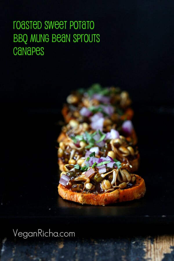 These Sweet Potato Canapes are very addictive, topped with Mung Bean Sprouts tossed in BBQ sauce.