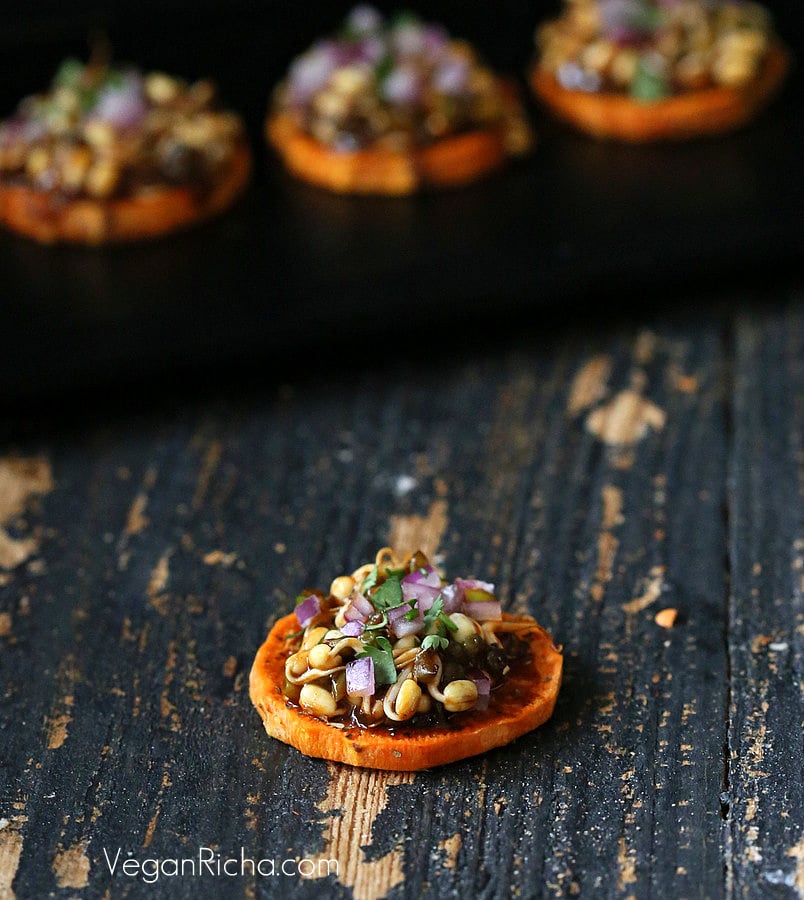 BBQ Mung Bean Sprouts Sweet Potato Canapes- Vegan