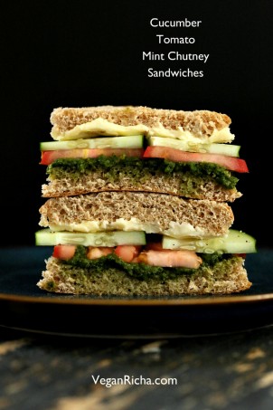 Cucumber, Tomato, Mint Cilantro Chutney Snack Sandwiches. Vegan Recipe