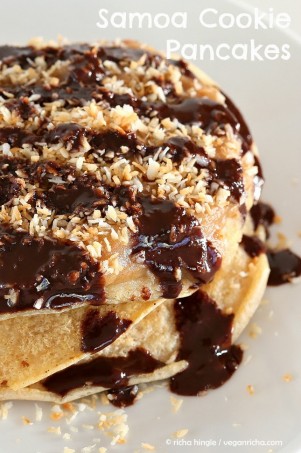 Samoa Cookie Pancakes with Salted Date Caramel, Toasted Coconut, Chocolate drizzle. Vegan Recipe