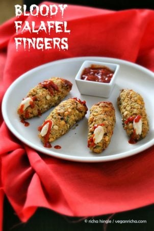 Vegan Falafel Fingers. Perfect halloween snack. Smear with ketchup to make them all bloody. Easy Witch fingers! Gluten-free Soy-free Sugar-free Recipe Makes 9 to 10 #glutenfree #veganricha #vegan