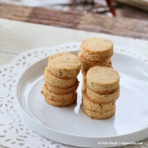 gluten-fre vegan sugar cookies stacked on a cookie Platter