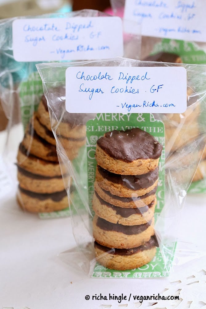 chocolate dipped vegan sugar cookies wrapped for gifting