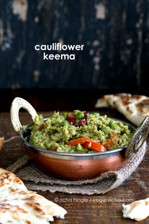 Gobi Mutter Keema - Minced Cauliflower and Peas in Cilantro Onion curry. Vegan Glutenfree Recipe