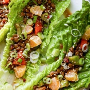 sweet and sour lentils stuffed into lettuce wraps
