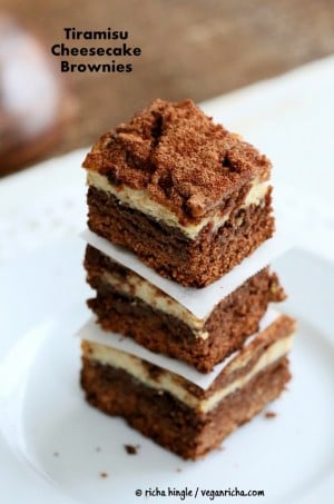 These Tiramisu Cheesecake Brownies are 3 desserts in one. always a hit! Free of dairy, egg, gluten, yeast, nut. #glutenfree #veganricha #vegan