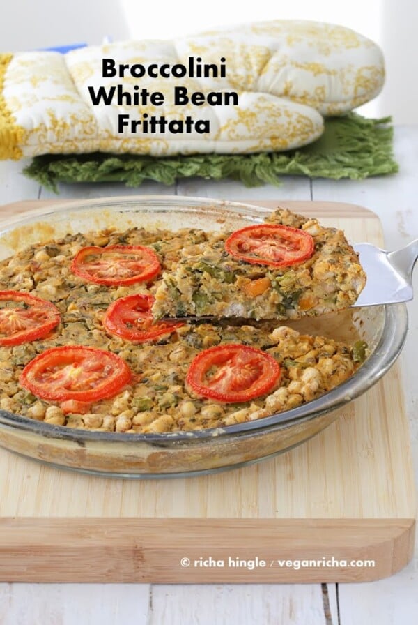 Broccolini White Bean Frittata. Gluten free Soy free Nut-free Vegan Frittata with Chickpea flour, beans, veggies. Easy, wholesome breakfast. #vegan #glutenfree #veganricha