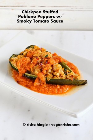Chickpea Stuffed Poblano Peppers with Smoky Tomato Sauce. Vegan Glutenfree Recipe