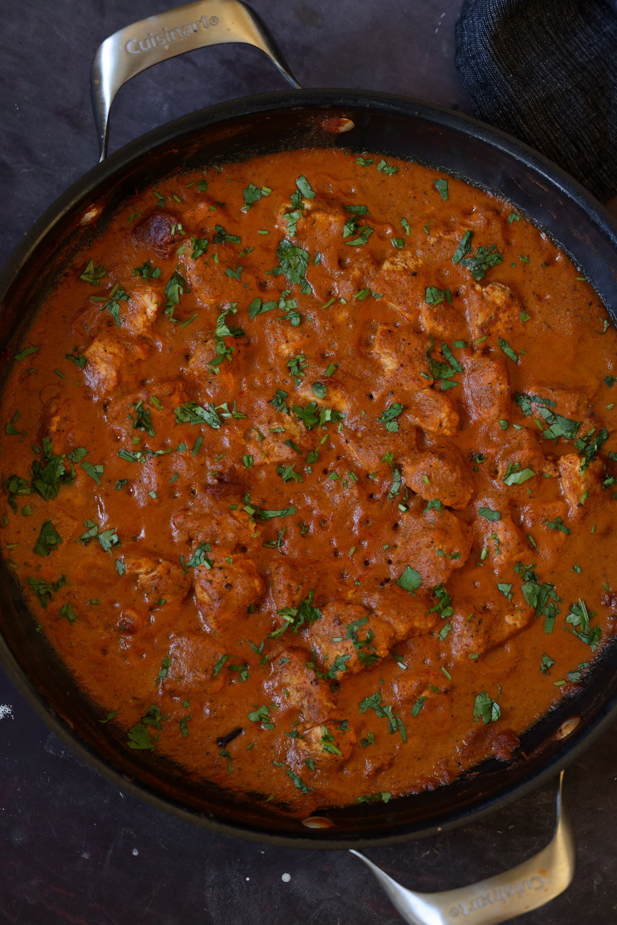 tofu Pasanda in the pan with cilantro garnish