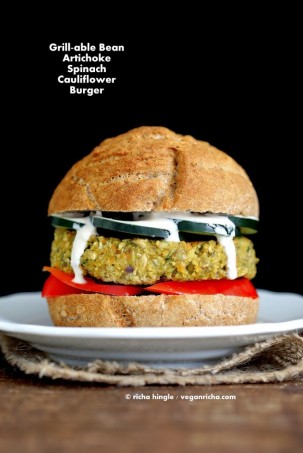 Artichoke Spinach Cauliflower Bean Burgers. Grill-able Vegan Veggie Burger Recipe.