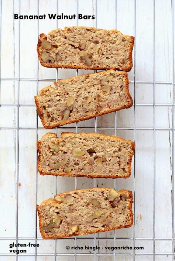 This Banana Walnut Breakfast Loaf makes a great on the go breakfast. Bananas, spices and no added refined sugar. Free of Dairy, egg, corn, soy, gluten. Makes a medium bread pan. #vegan #glutenfree #veganricha