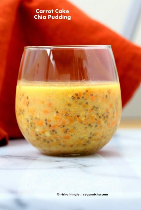  Easy Carrot Cake Chia Pudding with roasted carrots, spices, walnuts and chia seeds. #glutenfree #veganricha #vegan