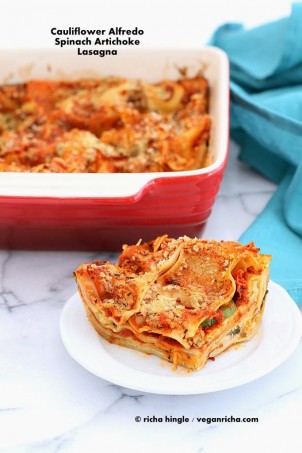 Cauliflower Alfredo Spinach Artichoke Lasagna. Vegan Nut-free Recipe