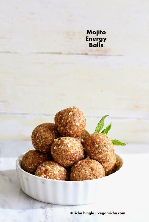 The best Mojito energy balls. With or without alcohol. How to make non-alcoholic Vegan Mojito Balls. Snack bites with Dates, lime zest, mint, nuts and seeds. Vegan Gluten-free Soy-free Recipe. #vegan #glutenfree #veganricha