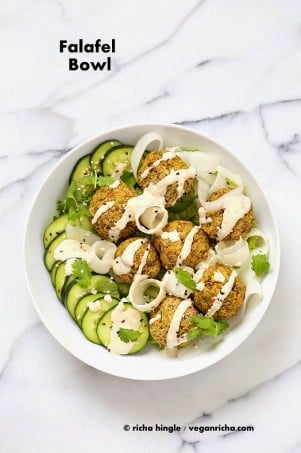 Baked Lentil Split Pea Falafel Bowl with Tahini dressing. Gluten-free Soy-free Recipe