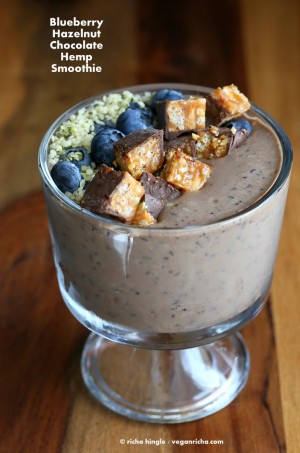 Blueberry Hazelnut Chocolate Hemp Smoothie bowl with Chocolate Peanut Butter Cup Snack bars.