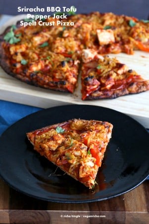 Sriracha BBQ Tofu Pizza with Pepper Jack on Spelt Crust. Vegan Recipe