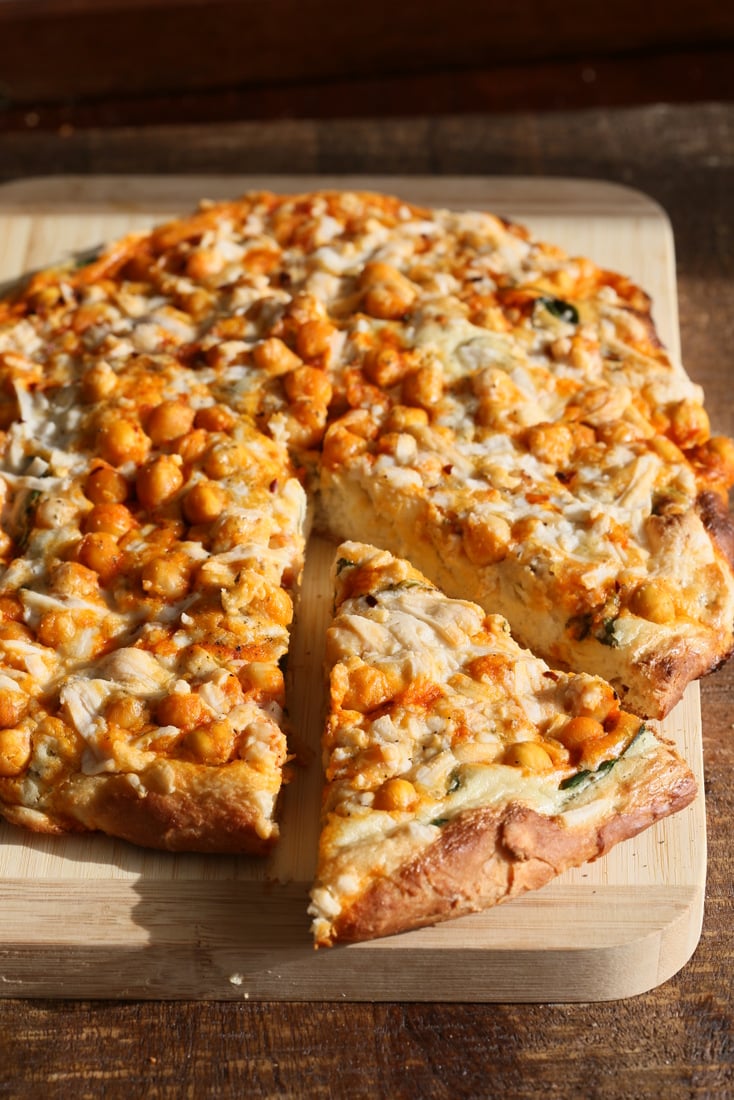 Buffalo Chickpea Pizza with White Garlic Sauce and Celery Ranch Dressing-image