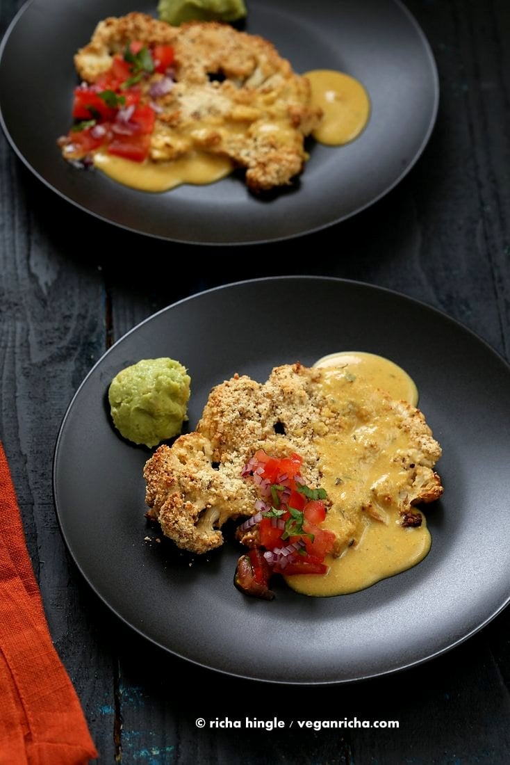 Almond Crusted Cauliflower with Cheese Sauce | Vegan Richa