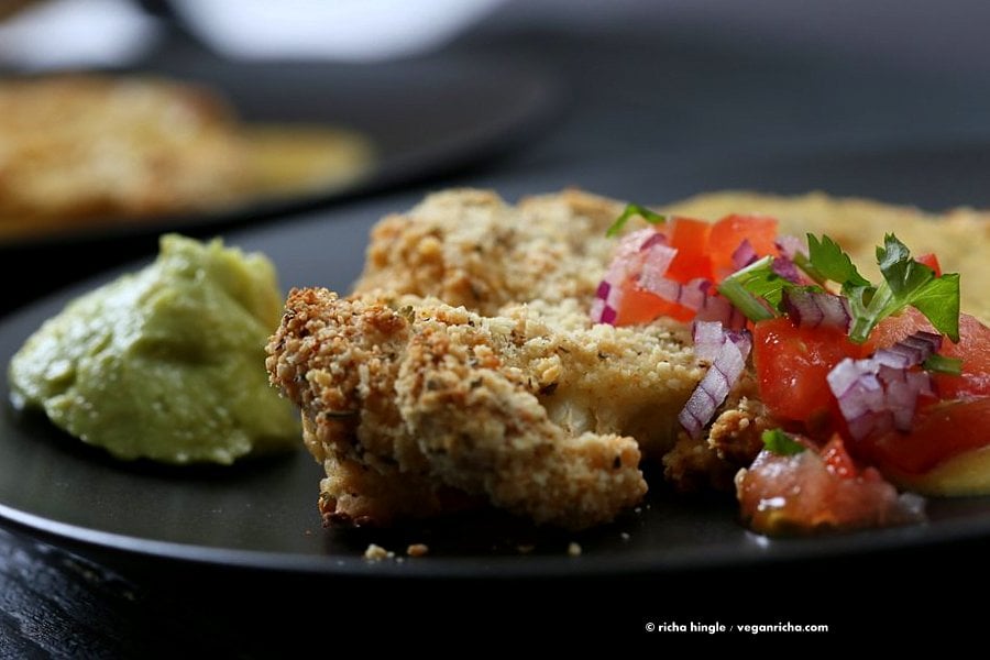 Almond Crusted Cauliflower with Cheese Sauce | Vegan Richa