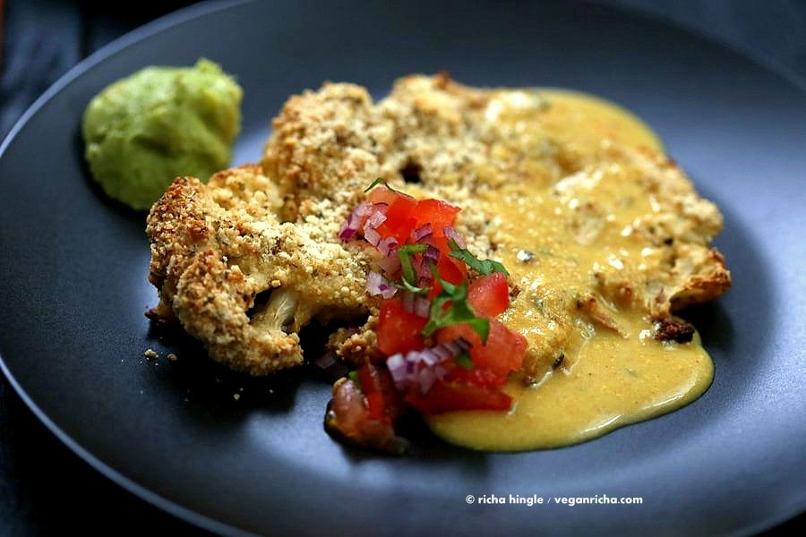Almond Crusted Cauliflower with Cheese Sauce | Vegan Richa