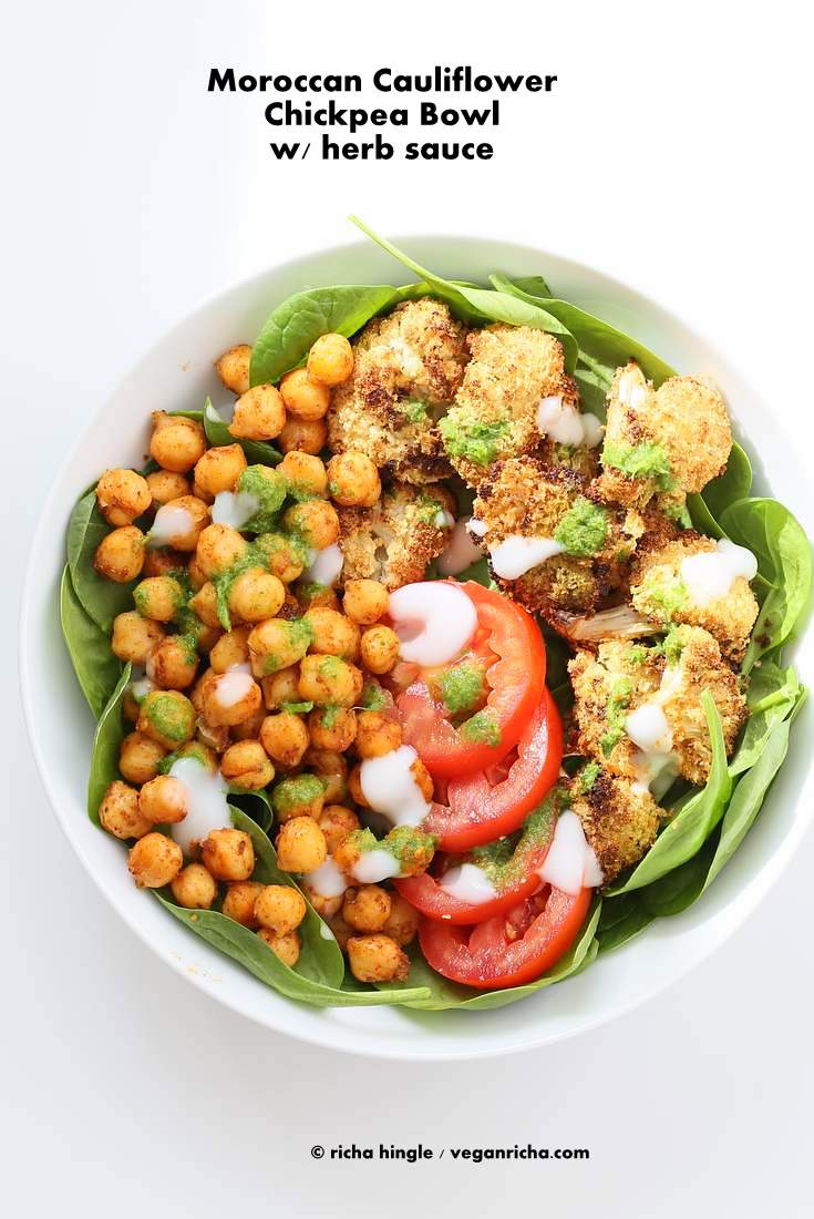 Moroccan Chickpea Cauliflower Bowl with Herb sauce.
