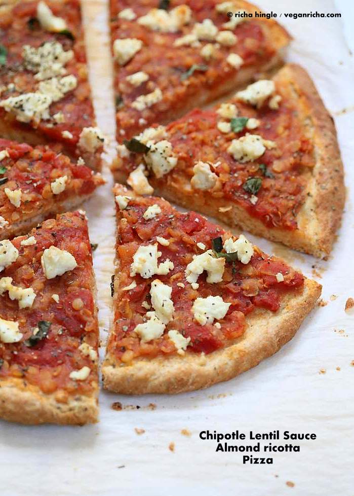 Pizza with Chipotle Red lentil Tomato Sauce, Basil and Vegan Ricotta