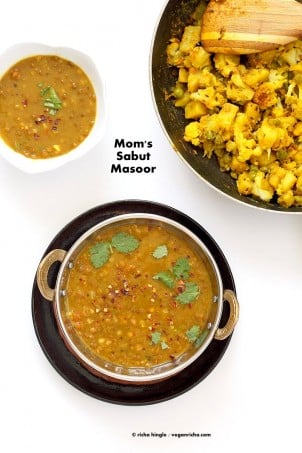 Sabut Masoor Ki Daal - Whole Masoor Dal, Brown Lentil soup with Indian Spices | VeganRicha.com #vegan #glutenfree #soyfree #nutfree #veganricha