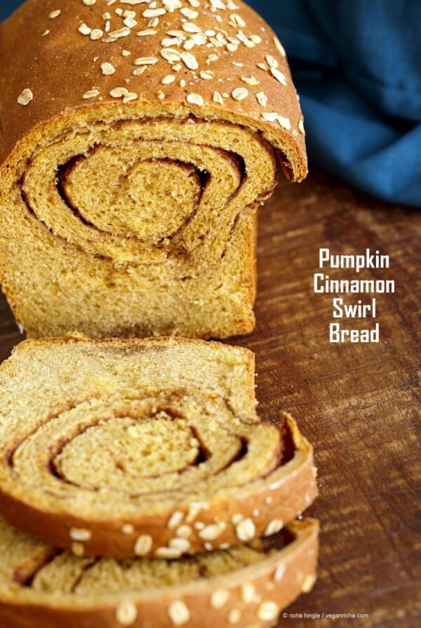 Pumpkin Cinnamon Swirl Bread! Pumpkin Sandwich bread with a swirl of cinnamon and sugar. Yeasted Loaf. | VeganRicha.com #vegan #breakfast #recipe #vegan #glutenfree #veganricha