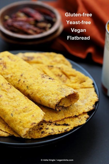 Easy Yeast-free Sweet Potato Vegan Gluten free flatbread. Sweet Potato flatbread with chickpea flour, rice flour and psyllium husk. #Eggless #vegan Oat-free #Recipe | VeganRicha.com