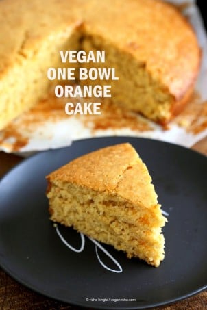 Vegan Orange Cake made in 1 Bowl and just 8 ingredients! Easy Moist Citrusy Vegan Cake. #Soyfree #PalmOilfree #vegan #Recipe.| VeganRicha.com #glutenfree #veganricha #vegan