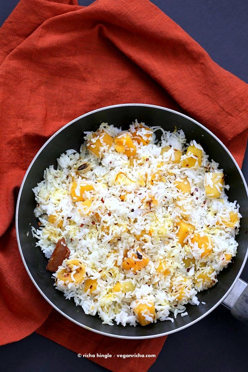 Butternut Squash Pilaf with Whole Spices - Cardamom, cloves, cinnamon. Use other squash or pumpkin and spices of choice. | VeganRicha.com #Vegan #Glutenfree #Holiday #side #Recipe