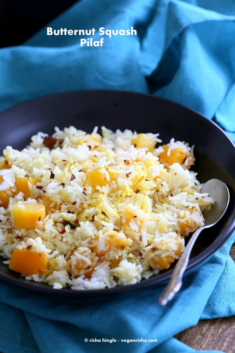 Butternut Squash Pilaf with Whole Spices - Cardamom, cloves, cinnamon. Use other squash or pumpkin and spices of choice. | VeganRicha.com #Vegan #Glutenfree #Holiday #side #Recipe